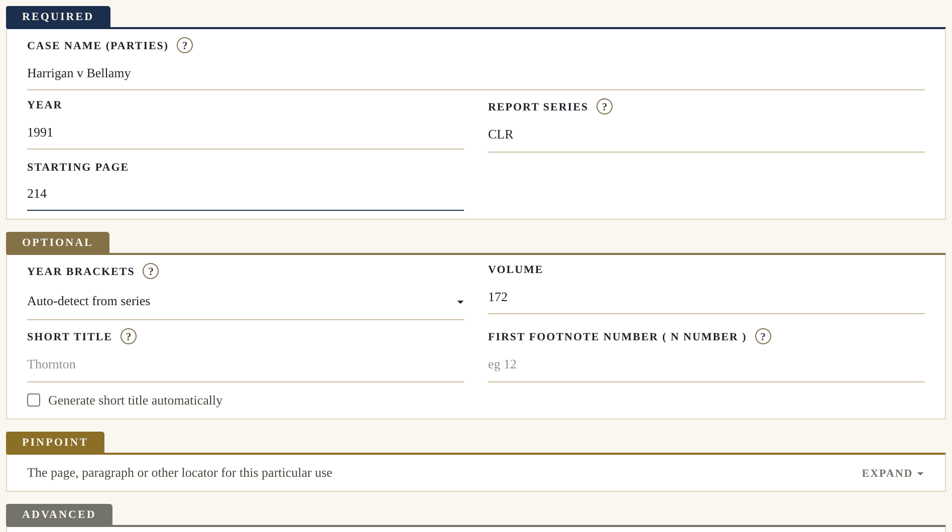 The Pincite generator's input fields for a reported case — case name, year, report series and starting page filled in, with the Optional, Pinpoint and Advanced sections beneath.